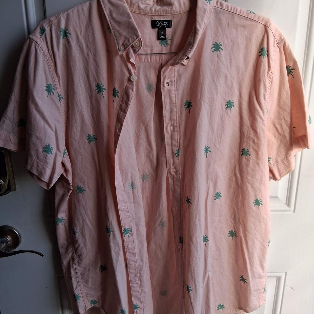 City Streets Pink Short-Sleeve Button-Down with Green Palm Print